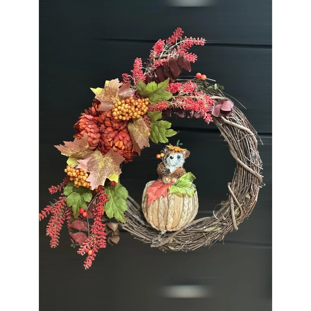 Handmade Fall Wreath: Faux Pumpkin, Pinecone & Berry Door Decor
